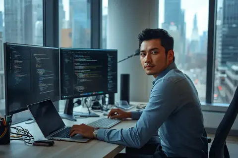 Un développeur concentré sur son écran, tapant du code Python. La ville s'étend derrière lui.
