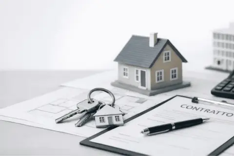 Chiavi con portachiavi a forma di casa, contratto, calcolatrice e modelli di edifici. Potrebbe essere una **monitoria di sgombero** o un accordo immobiliare.