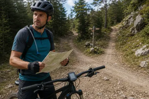 Ciclista con casco y mochila de hidratación consulta un mapa en un sendero de montaña, buscando la ruta ideal, quizás comparándola con un archivo GPX.