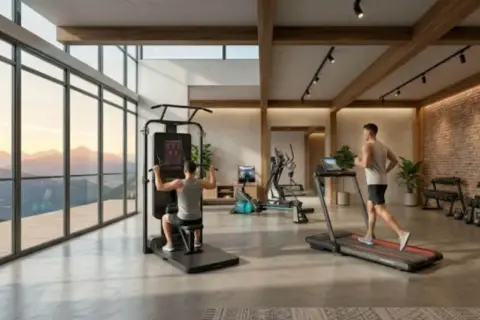 Männer trainieren im modernen Fitnessraum mit Panoramablick. Einer läuft auf dem Laufband, der andere am Kraftgerät. Jeden Tag 20 Minuten Hometrainer für die Gesundheit.