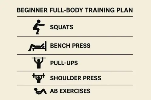 Ein Trainingsplan für das Fitnessstudio: Kniebeugen, Bankdrücken, Klimmzüge, Schulterdrücken und Bauchübungen für Anfänger.