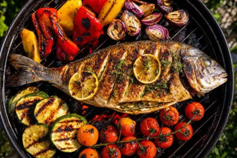 Une parillada de poisson grillé avec des légumes colorés : poivrons, courgettes, tomates cerises et oignons. Des rondelles de citron et des herbes aromatiques complètent ce plat savoureux.