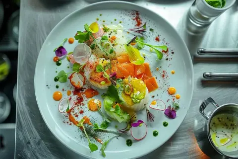 Un plat de poisson et saumon, joliment décoré de radis, herbes et fleurs comestibles. Un exemple de service à l'assiette raffiné.
