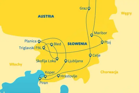 Mapa Słowenii z zaznaczonymi trasami. Pokazuje najkrótsza droga do Chorwacji przez Austrię i Słowenię, z miastami jak Bled, Ljubljana, Piran.