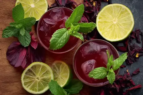 Deux verres de bissap chaud, décorés de menthe fraîche, de citrons verts et de fleurs d'hibiscus séchées.