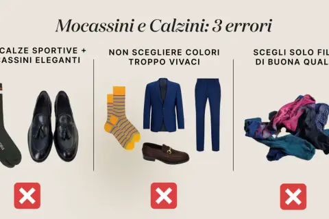 Guida su come indossare i mocassini donna: evita calze sportive, colori troppo vivaci e filati di bassa qualità. Scegli eleganza.