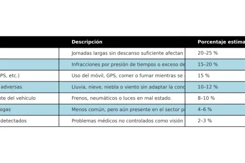 Tabla de factores de riesgo al conducir: fatiga, velocidad, distracciones, clima, vehículo, alcohol/drogas y salud. Muestra los tipos de conductores y sus implicaciones.