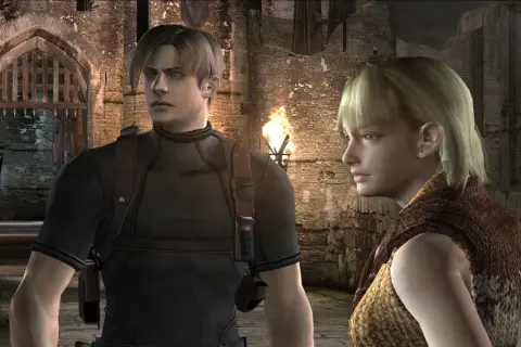 Leon i Ashley w mrocznym zamku, przygotowani na walkę. To scena z gry, która dla wielu jest najlepsza gra wszechczasów.