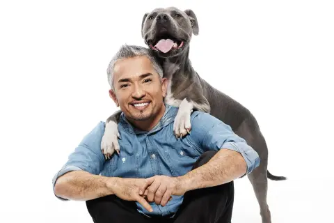 Cesar Millan, znany psi behawiorysta, z psem opartym o jego ramiona.