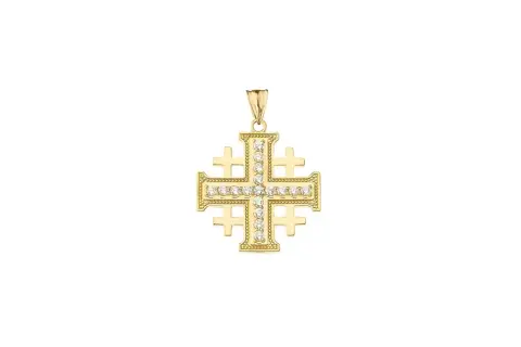 Colgante de cruz de Jerusalén en oro amarillo, con detalles de circonitas brillantes.