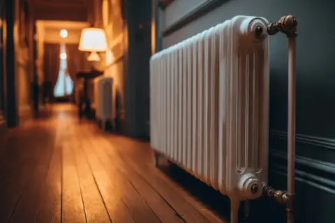 Ein weißer Heizkörper im Flur, der die Heizungsrohre verkleidet. Der Holzboden und die warme Beleuchtung schaffen eine gemütliche Atmosphäre.