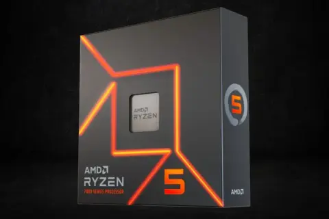 AMD Ryzen 5 7000 Series Prozessor-Verpackung mit leuchtenden Linien. Ein Blick auf die Leistung im Vergleich zu Ryzen 7.