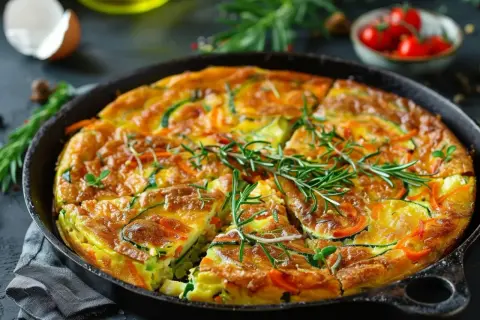 Ein goldbraunes Frittata Rezept, original italienisch, mit Zucchini und Karotten, garniert mit Rosmarin.