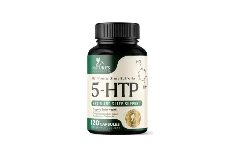 Butelka suplementu 5-HTP marki Nature's Nutrition z napisem "Brain and Sleep Support".