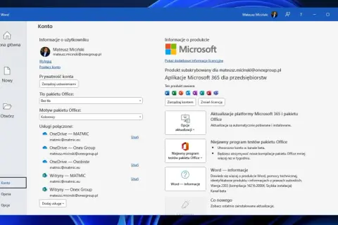 Konto w Wordzie, gdzie można zarządzać usługami, w tym jak wyłączyć OneDrive.