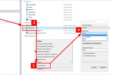 Festplatte im BIOS formatieren: Rechtsklick auf "Daten (E:)", dann "Formatieren..." wählen und das Dateisystem NTFS auswählen.