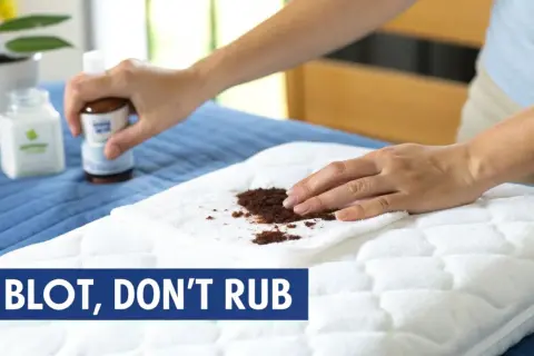 A person blots a stain on a white mattress topper with a cloth. The mattress topper is on a blue mattress. The text "BLOT, DON'T RUB" is visible.