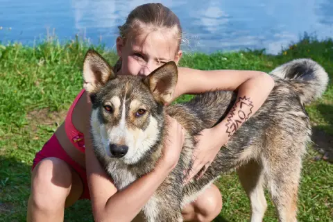 Dziewczynka mocno przytula swojego ukochanego psa kundla. Na jej ramieniu widnieje napis "LOVE".