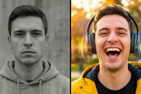 Ein Mann, erst traurig, dann voller Freude, als er lustige Lieder über Kopfhörer hört.