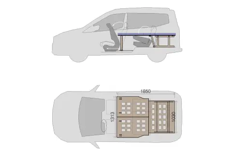 Planos de dimensiones de Ford Tourneo Courier camper. Muestra interior con asientos abatibles y mesa.