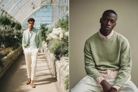 Uomo con abbinamento grigio e verde: completo sartoriale menta e pantaloni chiari, e maglione verde su camicia rosa.
