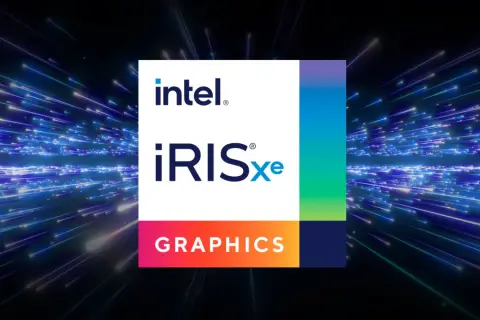 Logo Intel Iris Xe Graphics na tle rozmytych, niebieskich linii światła.