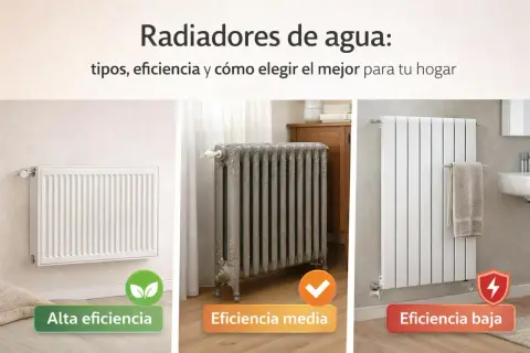 Tres radiadores de agua: uno moderno de alta eficiencia, uno clásico de eficiencia media y uno blanco de baja eficiencia.