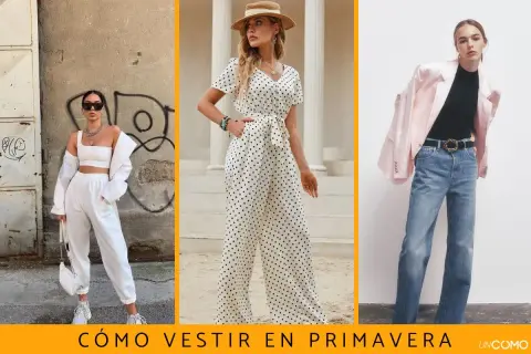 Tres looks para outfits primavera: blanco total deportivo, mono de lunares y blazer rosa con jeans.