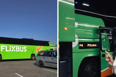 Zielona ciężarówka Flixbus z napisem "PRAGA" na wyświetlaczu to świetny sposób, jak dojechać do Pragi.