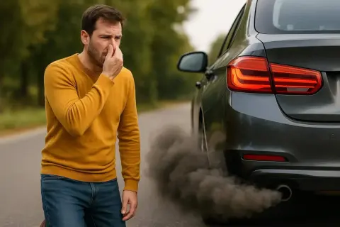 Un homme se pince le nez à cause de la mauvaise odeur d'échappement diesel d'une voiture qui émet de la fumée noire.