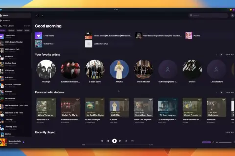 Widok ekranu aplikacji TIDAL z listą playlist, ulubionymi artystami i ostatnio odtwarzanymi utworami.