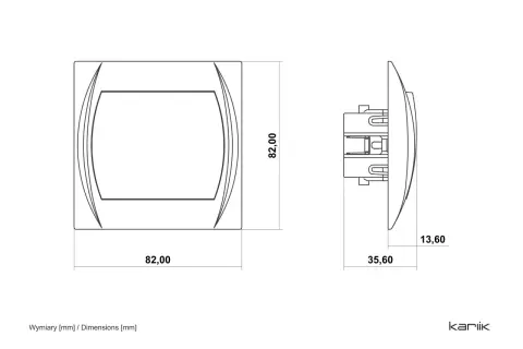 Rysunek techniczny łącznika dwubiegunowego z wymiarami 82x82 mm i głębokością 35,6 mm.