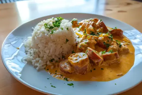 En portion krämig korvstroganoff med ris, toppad med hackad persilja. En klassisk svensk rätt som värmer själen.