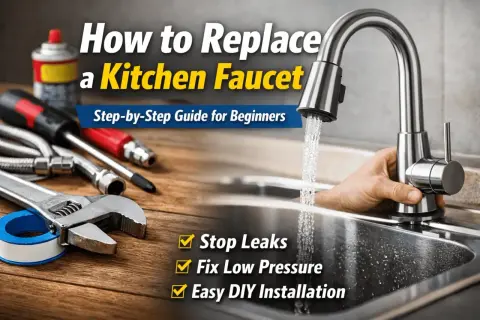 Learn how to replace a kitchen faucet with this step-by-step guide. Tools and a new faucet are shown, ready for an easy DIY installation.