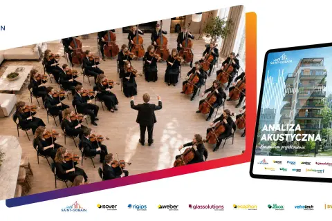 Orkiestra symfoniczna grająca w nowoczesnym wnętrzu, a obok tablet z analizą akustyczną budynków Saint-Gobain.