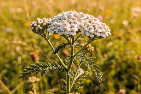Nahaufnahme einer Schafgarbe auf einer sonnigen Wiese. Die Schafgarbe ist bekannt für ihre vielfältige Verwendung in der Naturheilkunde.