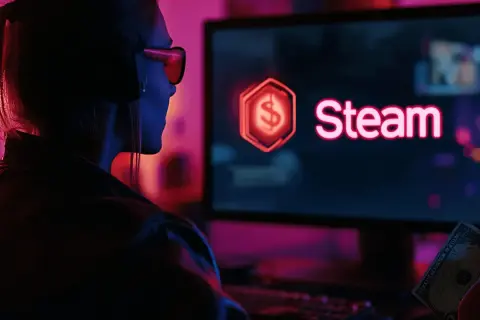 Gracz z dolarem w ręku przed ekranem Steam. Dowiedz się, jak odebrać oczekujące pieniądze na Steam.