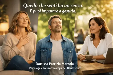 Tre persone serene, una donna con mano sul cuore, un uomo che guarda al cielo, una donna sorridente con tazza. "Quello che senti ha un senso. E puoi imparare a gestirlo." Non ho paura di non farcela.