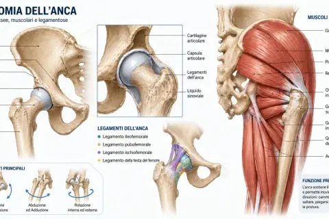 Anatomia dell'anca: ossa, muscoli e legamenti che definiscono la linea mediana del corpo, permettendo movimenti essenziali.