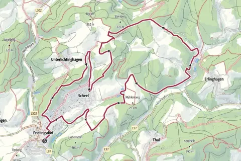 Wanderkarte mit markiertem Weg rund um Frielingsdorf und Scheel. Der sagenweg Lindlar führt durch Wälder und über Hügel, vorbei an Orten wie Unterlichtinghagen und Erlinghagen.