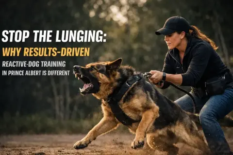 A trainer works with a German Shepherd, a reactive dog, demonstrating effective training techniques.