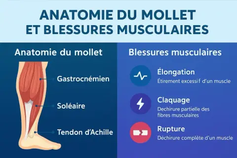 Anatomie du mollet et blessures musculaires, incluant le claquage, une déchirure musculaire du mollet.