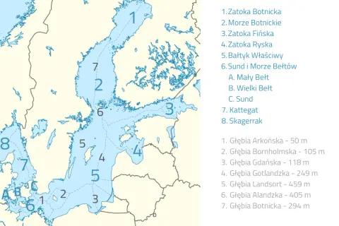 Mapa Morza Bałtyckiego z zaznaczonymi regionami i krajami sąsiadującymi.
