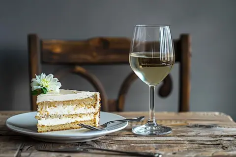Elegancki deser z kwiatem i kieliszek białego wina. Idealne połączenie, jeśli zastanawiasz się, jakie wino do ciasta wybrać.