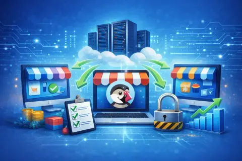 Sécurisation des transactions e-commerce avec un système de login php, représenté par des boutiques en ligne, un cadenas et des serveurs.