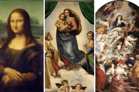 A triptych of famous art in the Renaissance era: Mona Lisa, Raphael's Sistine Madonna, and Rubens' Assumption of the Virgin Mary.