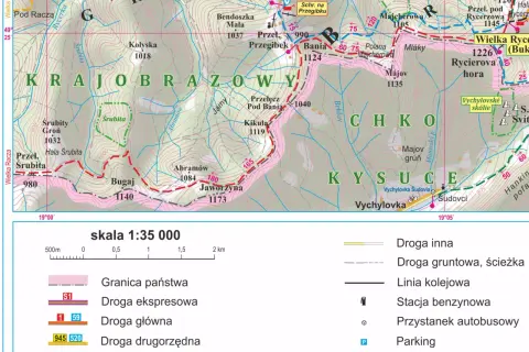 Mapa turystyczna Beskidu Żywieckiego z zaznaczonymi atrakcjami, szlakami i drogami.