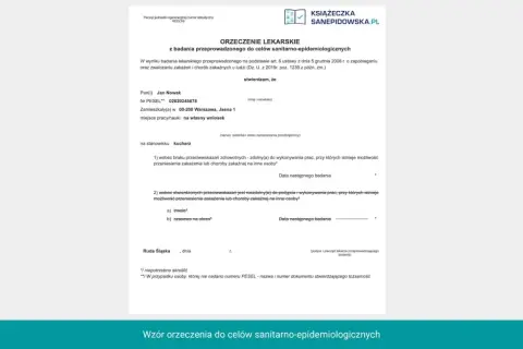 Orzeczenie lekarskie dla kucharza Jana Nowaka, potwierdzające brak przeciwwskazań do pracy w warunkach sanitarno-epidemiologicznych.