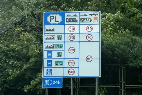 Znak drogowy w Polsce informuje o limitach prędkości na autostradzie dla różnych pojazdów i warunków.