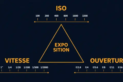 Schéma du triangle d'exposition : ISO, Vitesse, Ouverture. Comprendre ces réglages est essentiel pour une photo réussie.